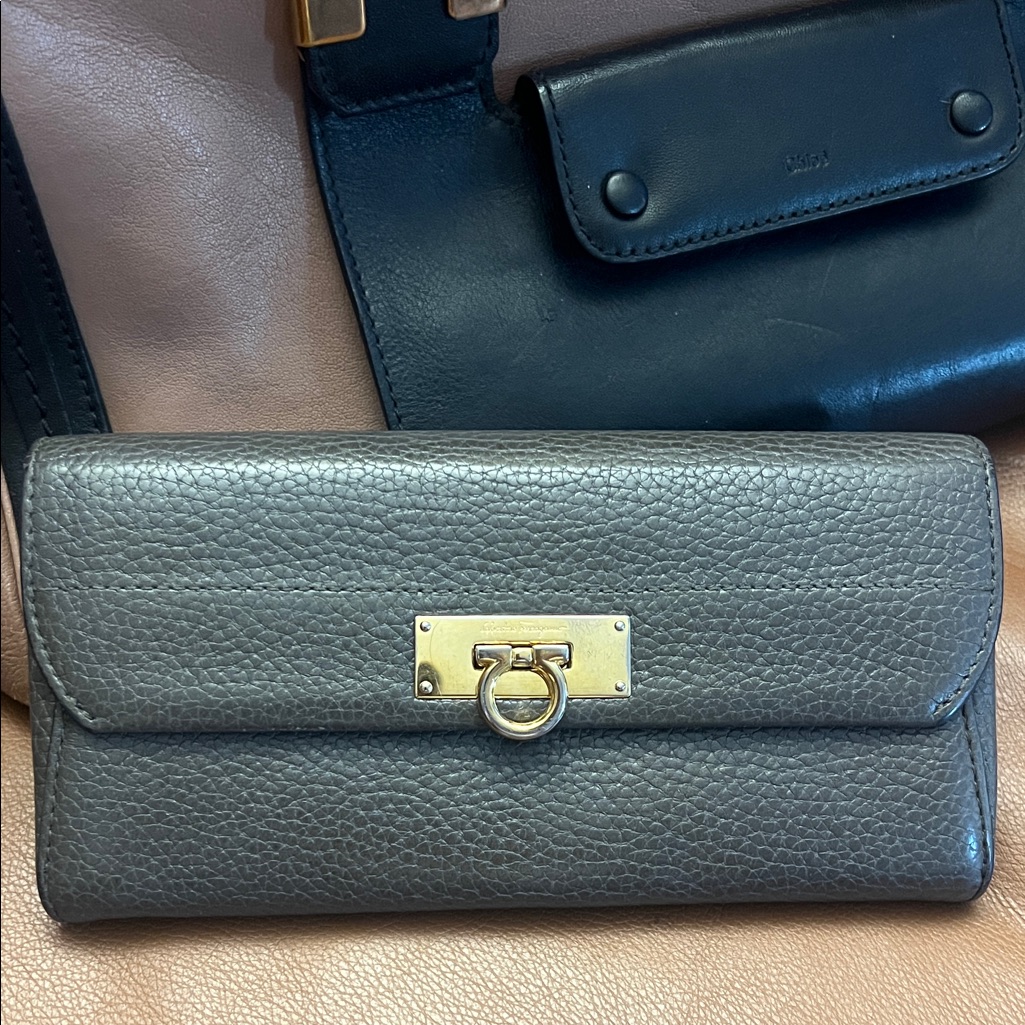 Salvatore Ferragamo Gancini Leather Long Wallet Slate Vintage Zip Purse